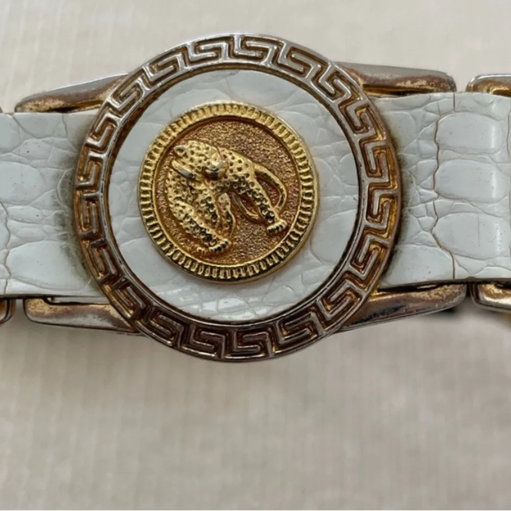 White Leather And Gold Belt With Leopard Medallions